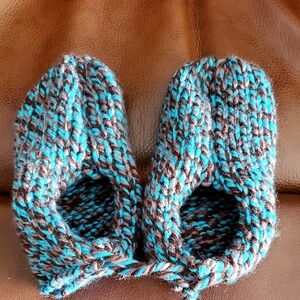 Hand-Knit Blue and Brown Slippers. With Homespun Wool.